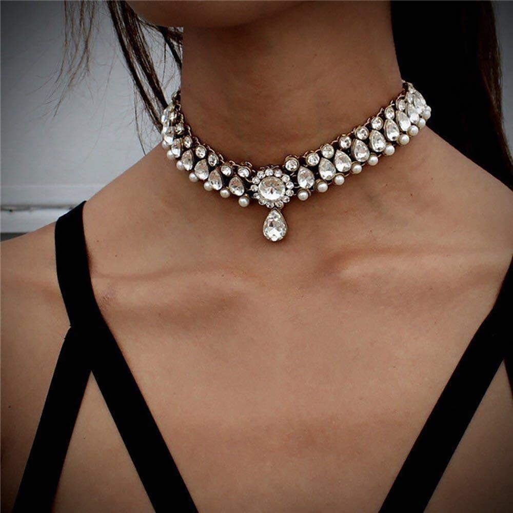 DoubleNine Rhinstone Crystal Choker Wedding Bridal Necklace Collar Teardrop Handmade Prom Statment Accessories for Women Girls Bridesmaid Gift