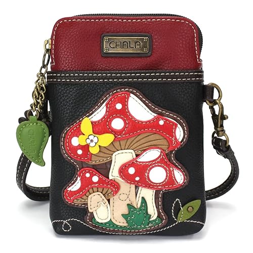 CHALA Plant Life Collection Cell Phone Crossbody Purse-Women PU Leather/Canvas Multicolor Handbag with Adjustable Strap - Mushrooms - black