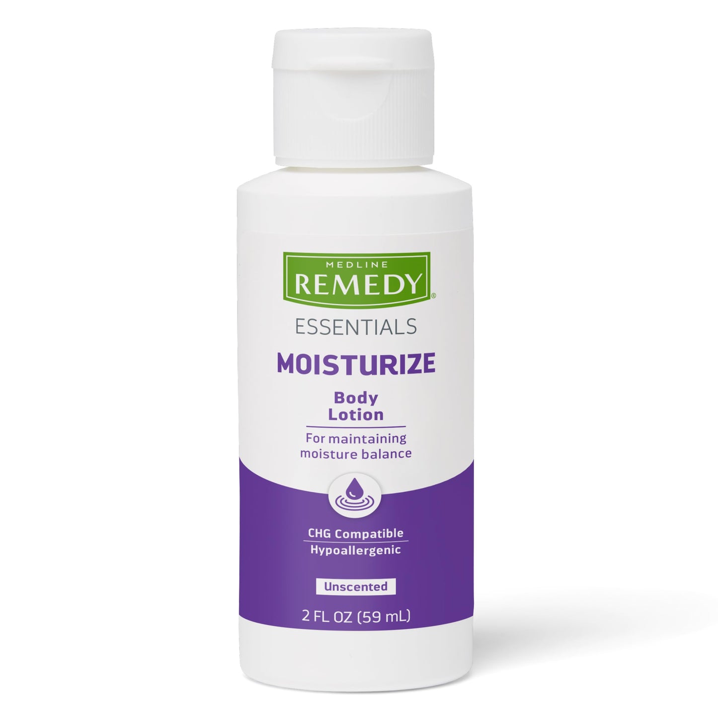 Medline Remedy Essentials Moisturizing Body Lotion (2 oz Bottle), Unscented, Travel-Size, Hydrating, Non-Greasy, For Dry Skin, Hypoallergenic, Men