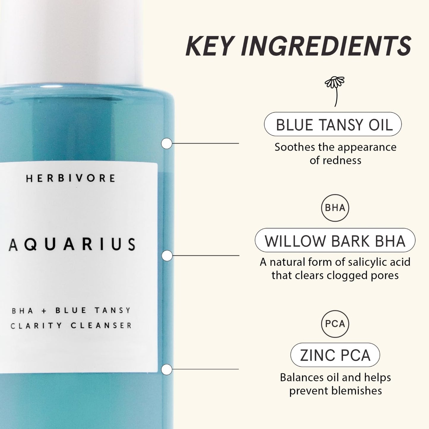 HERBIVORE Aquarius BHA + Blue Tansy Clarity Cleanser | Deep Cleansing Face Wash with Gentle Exfoliation for Oily-Combination Skin, Vegan, 100 mL / 3.3