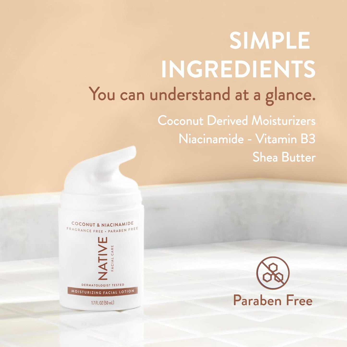 Native Moisturizing Daily Facial Moisturizer Gentle Face Lotion Hydrating Cream for Women and Men with Vitamin B3 & Coconut Lightweight Non Greasy