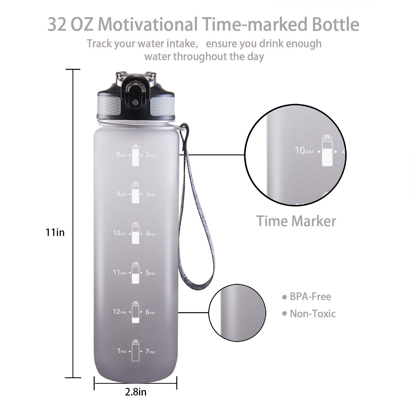 EYQ 32 oz Water Bottle with Time Marker, Carry Strap, Leak-Proof Tritan BPA-Free, Ensure You Drink Enough Water for Fitness, Gym, Camping, Outdoor…