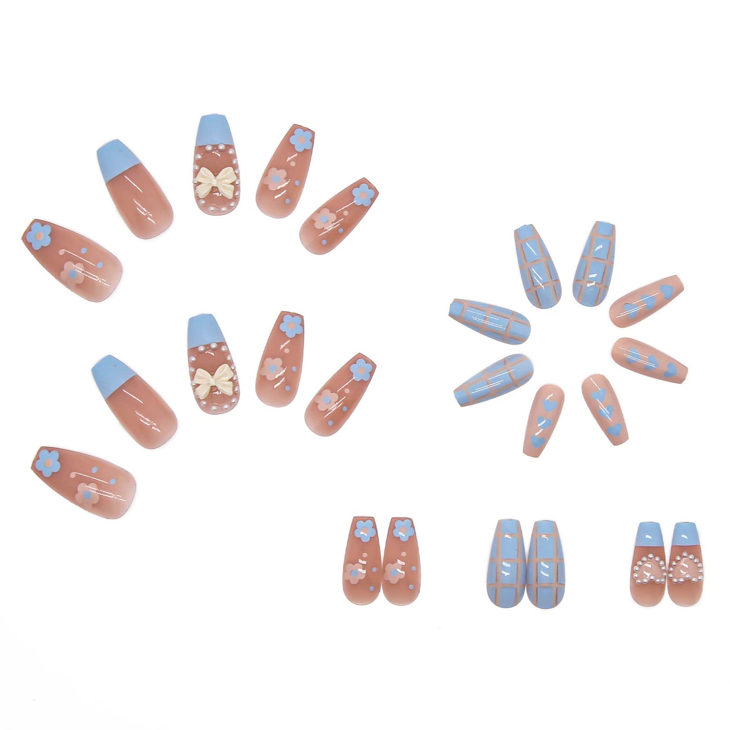 BABALAL Coffin Press on Nails Long Acrylic Nails Blue Pink Fake Nails Glossy Glue on 3D Heart Charm Cute Design for Women and Girls