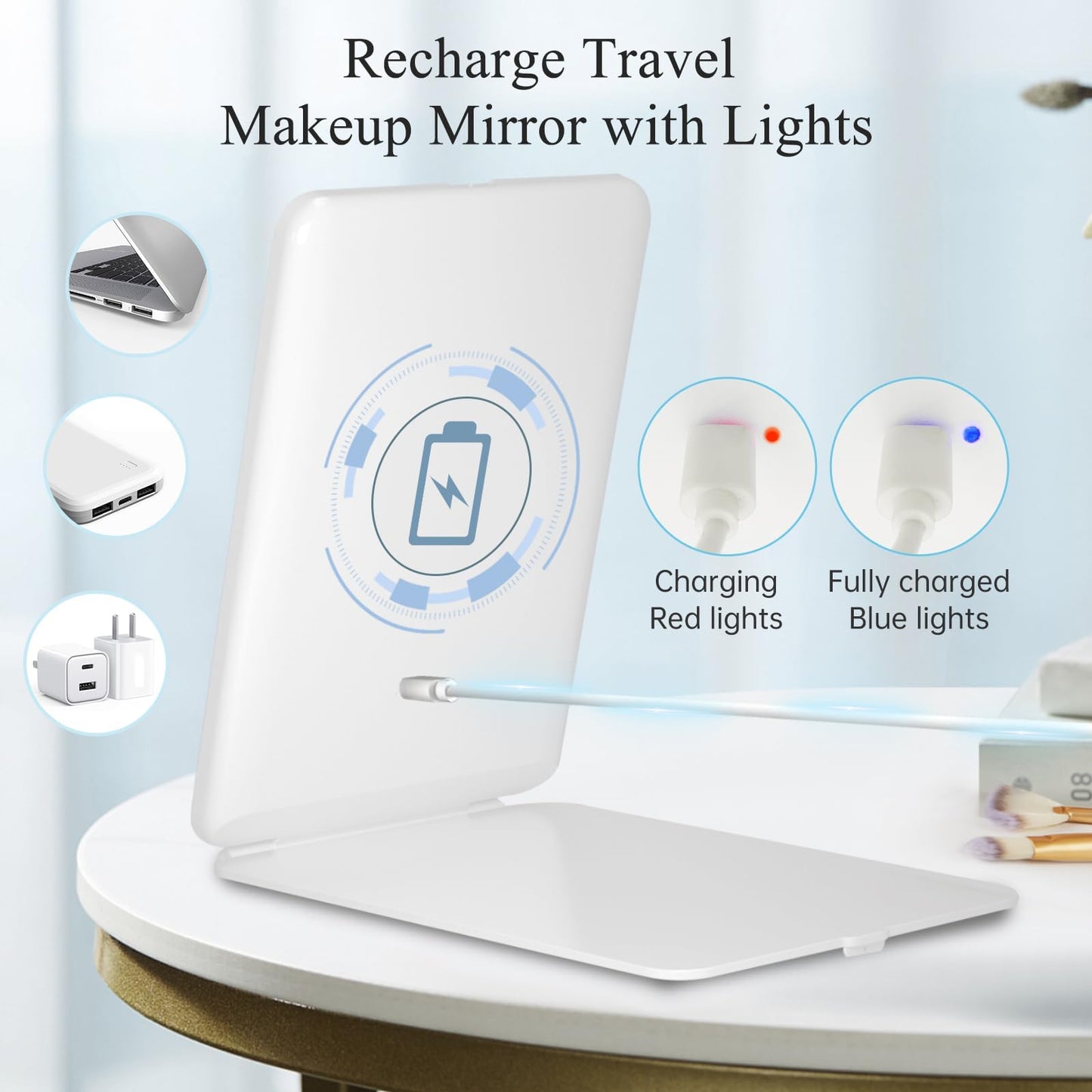 FUNTOUCH Rechargeable Travel Makeup Mirror with 72 Led Lights, Portable Lighted Beauty Mirror, 3 Color Lighting, Dimmable Touch Screen, Tabletop LED