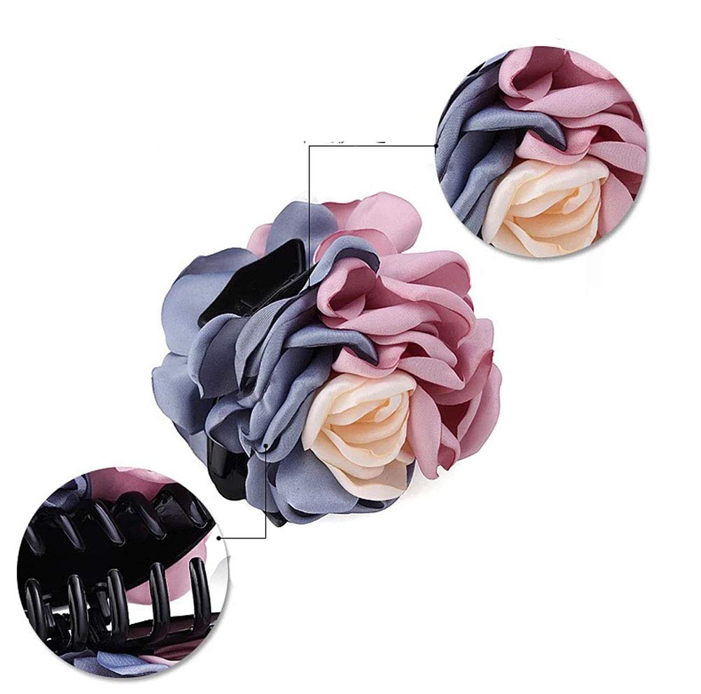 2PCS Sweet Large Rose Flower Hair Claws Beauty Ribbon Bow Hair Clips Headwear Hair Jewelry for Women Accessories (Pink + Pink blue)