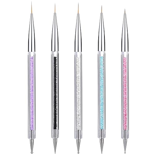 Gel Polish Nail Art Brushes Set-5 Pcs Dual-ended Nail Paint Brushes for Nail Art with Fine Liner Brushes and Dotting Pen (5,7,9,11,13 mm)