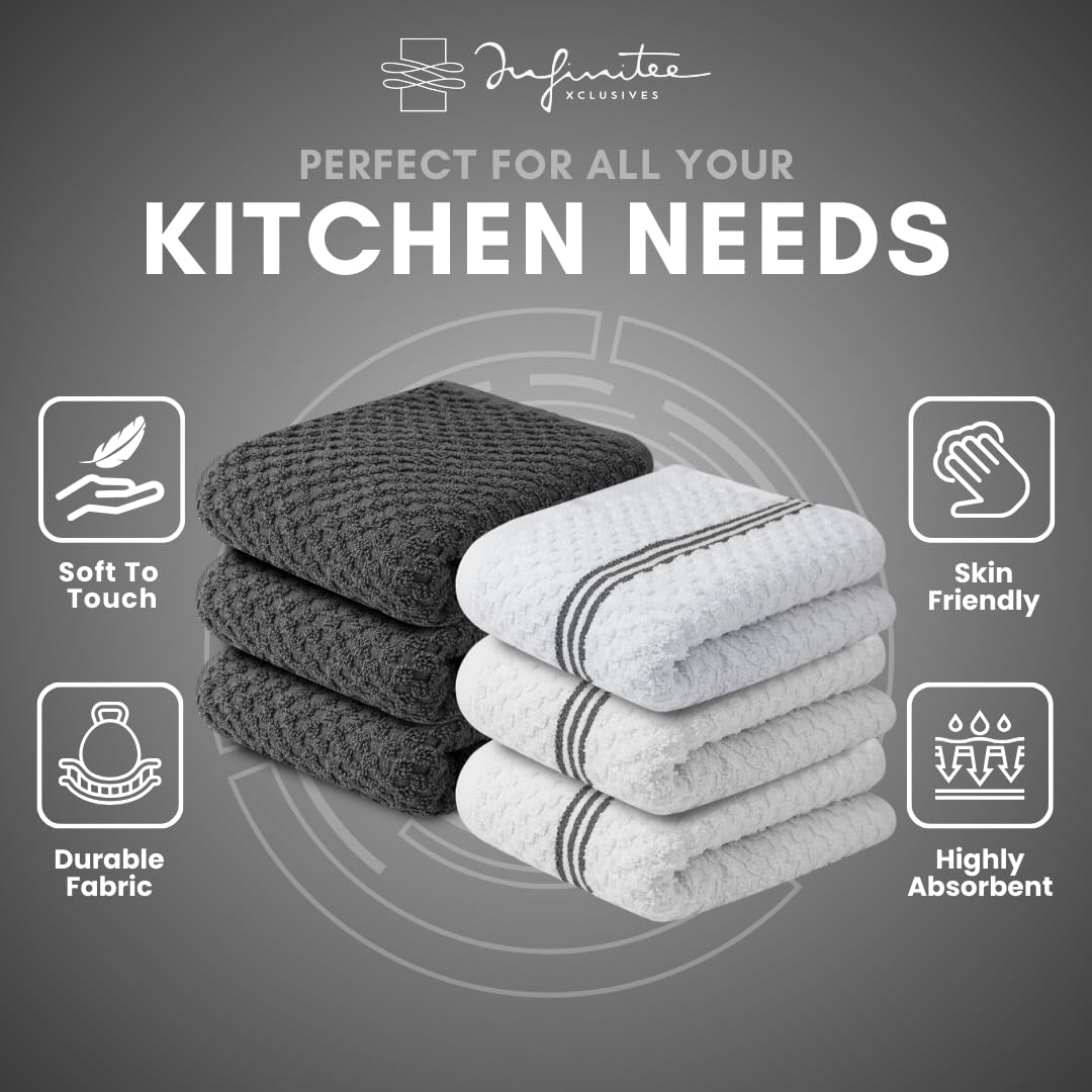 Infinitee Xclusives 100% Cotton Kitchen Towels – 15x25” Ultra Soft, Super Absorbent Terry Dish Towels, Grey