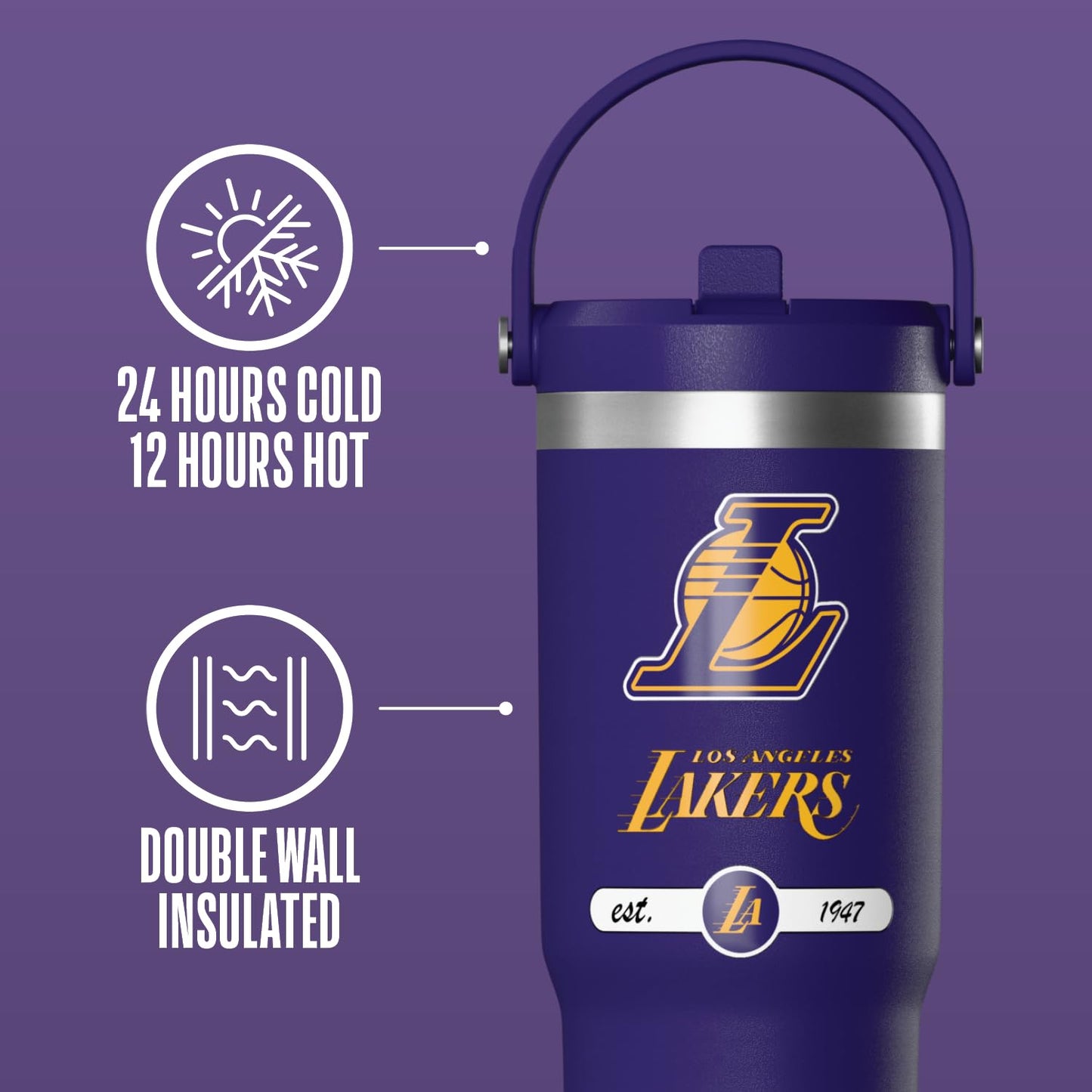 Hydrapeak x NBA Officially Licensed Los Angeles Lakers 32 oz Nomad Tumbler with Handle and Straw Lid, Leakproof Stainless Steel Water Bottle
