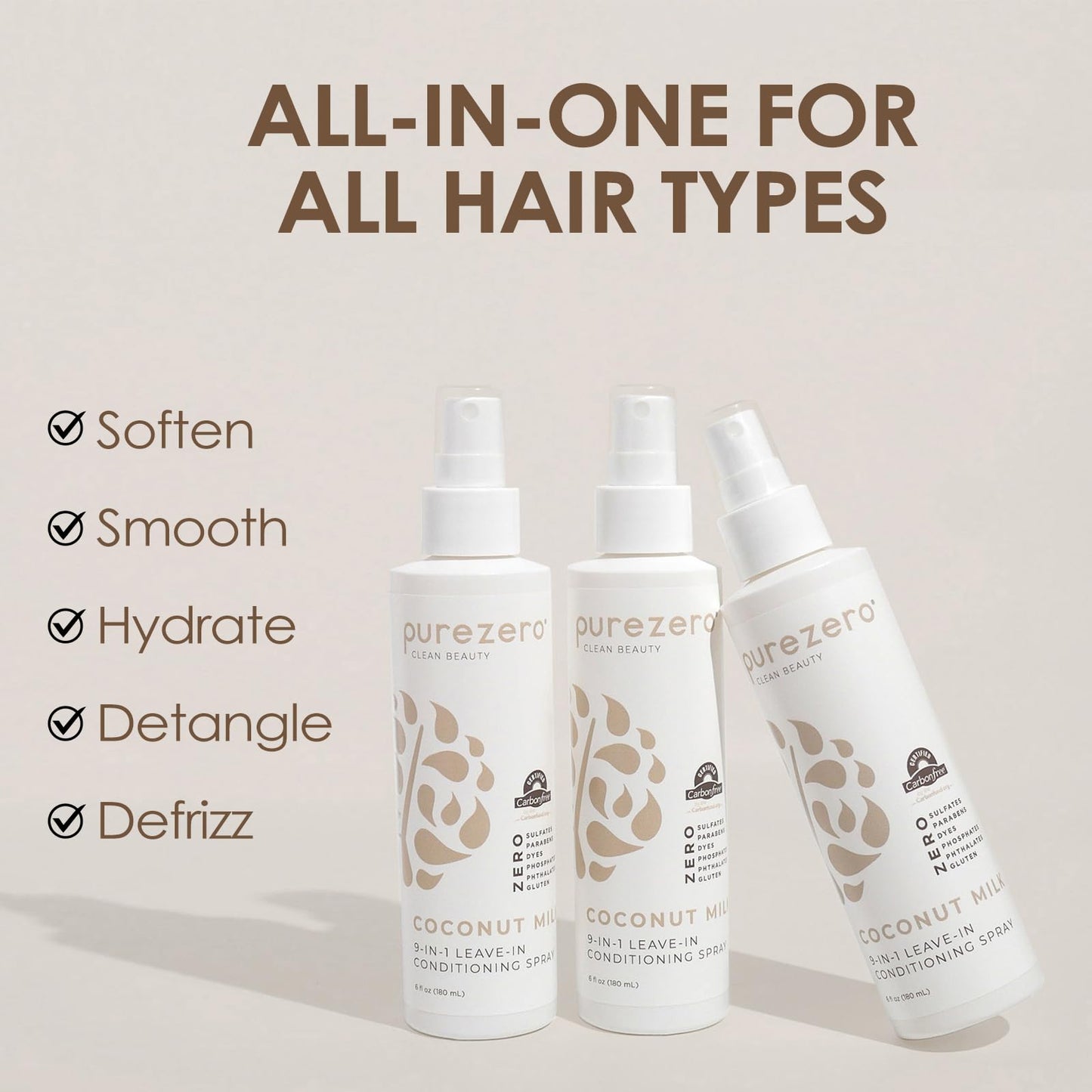 Purezero 9-in-1 Leave-In Conditioner Spray 6 oz - Multi-Action Hair Treatment for Moisture, Detangling, Frizz Control, Heat Protection, and Shine