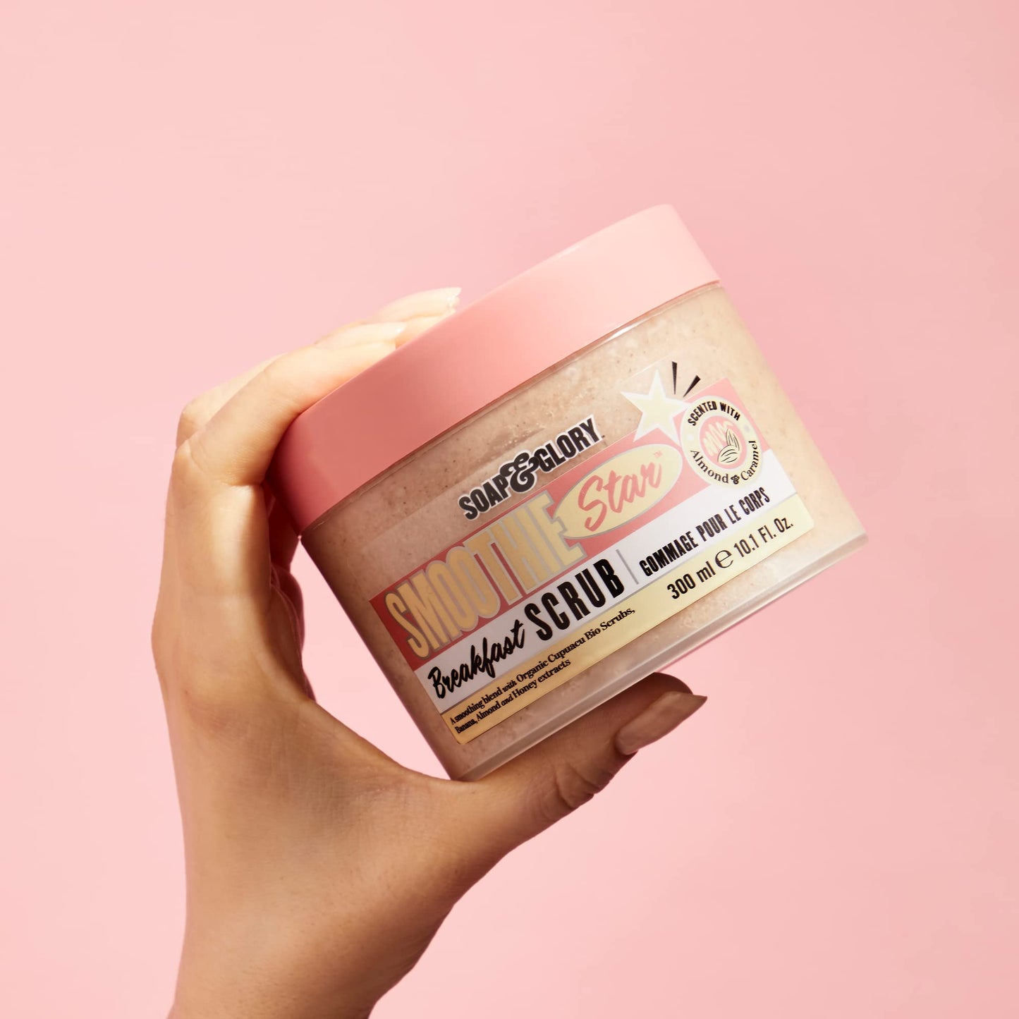 Soap & Glory Smoothie Star Exfoliating Body Scrub - Buff & Smooth Skin - Almond & Caramel Scented Vegan Body Polish - Brightening Scrub with Honey
