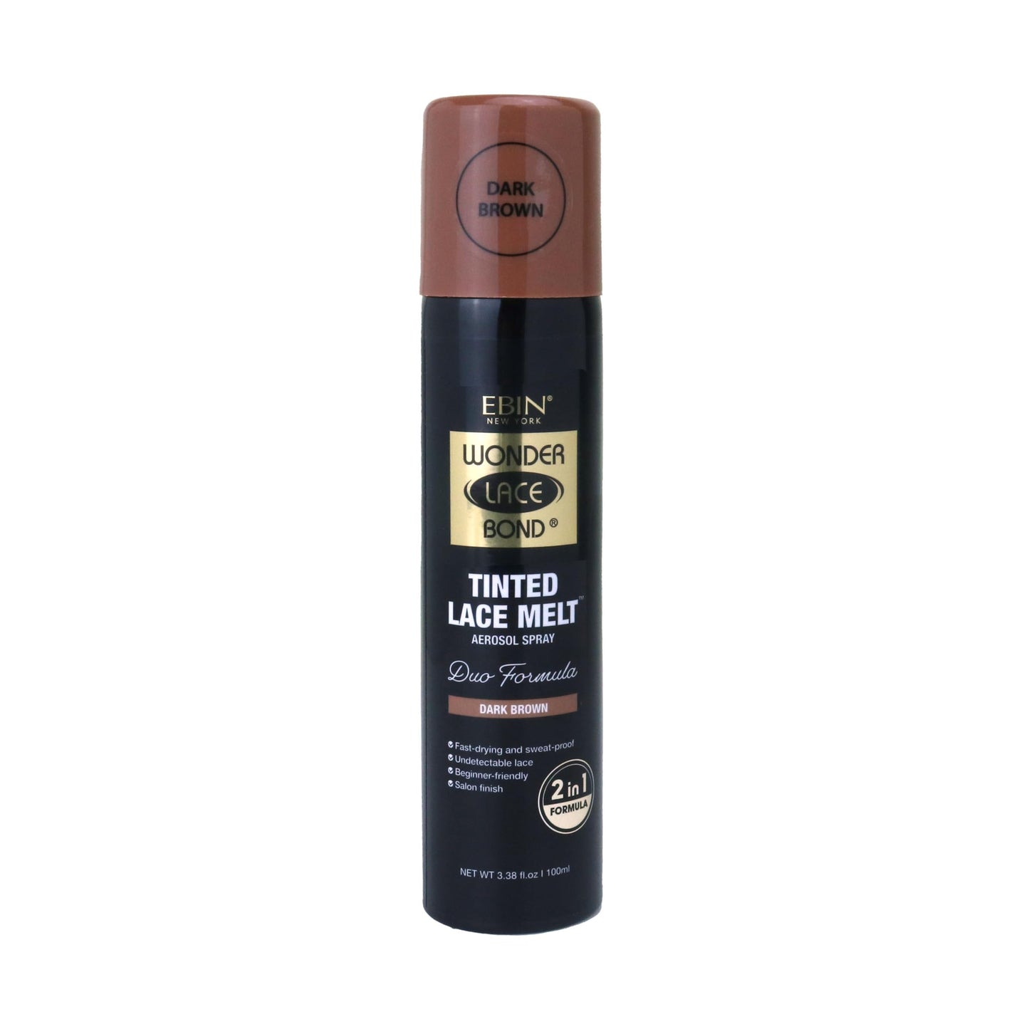 EBIN NEW YORK Wonder Lace Bond Tinted Lace Melt Aerosol Spray - Dark Brown 3.38oz/ 100ml - Quick Dry No Transfer Formula, Humid Resistant, Infused