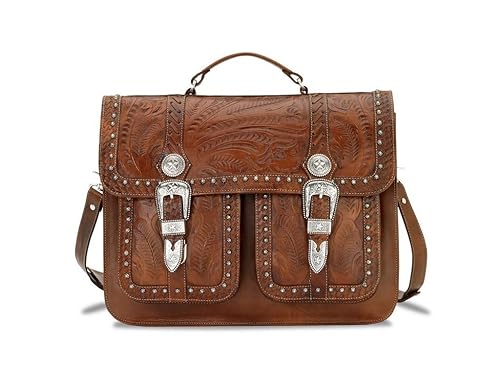 American West Hand Tooled Handcrafted 100% Genuine Leather Multi Compartment Laptop Briefcase for Men and Women | Classic Travel Collection | Western