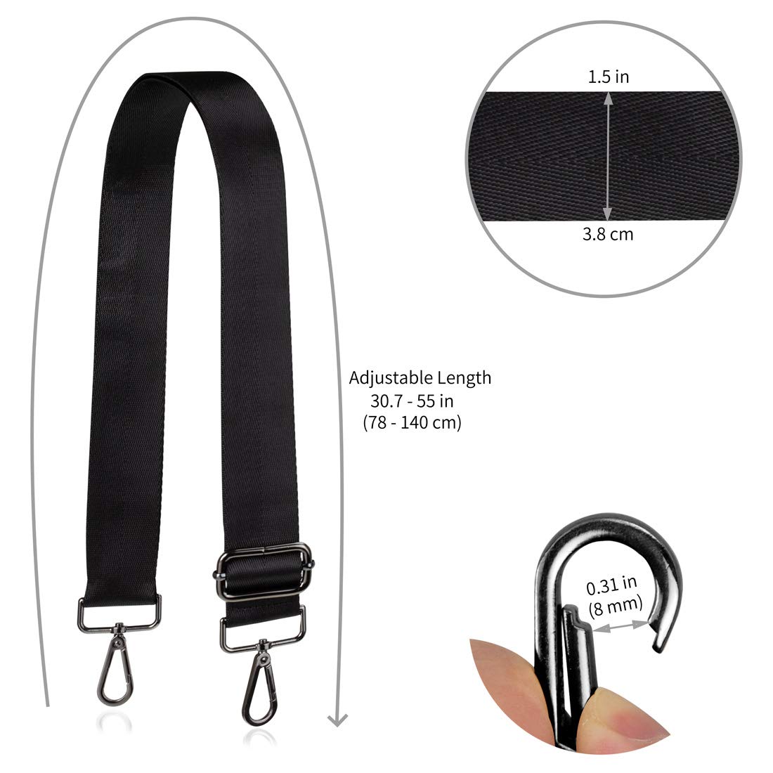 Allzedream Wide Purse Strap Replacement Crossbody Shoulder Bag Adjustable (Black)