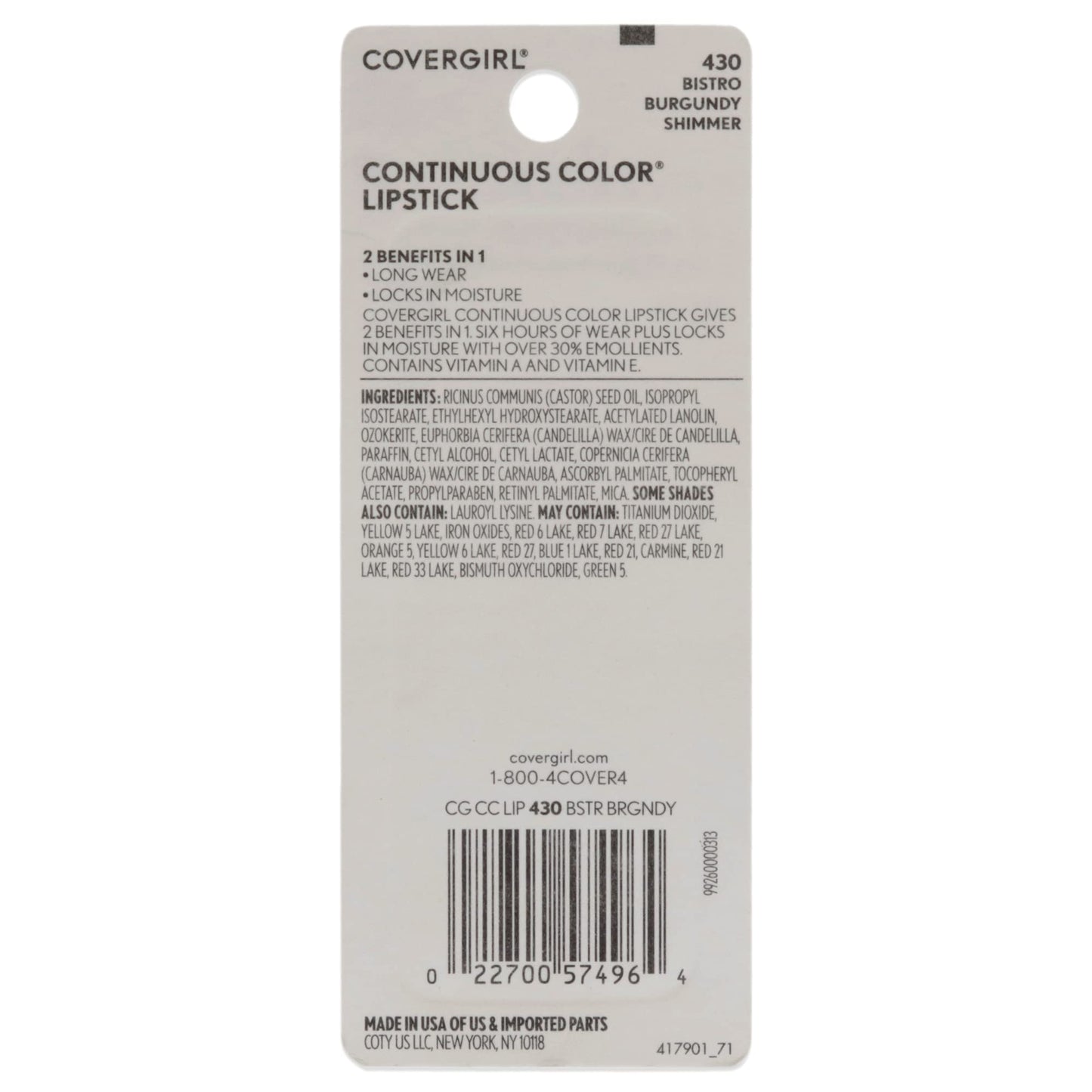 CoverGirl Continuous Color Lipstick - 430 Bistro Burgundy Lipstick Women 0.13 oz