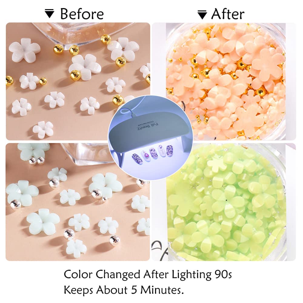 3D Flower Nail Art Charms, 6 Grids 3D Acrylic Nail Flowers Rhinestone Light Change Pink White Blue Cherry Blossom Acrylic Spring Nail Art Supplies
