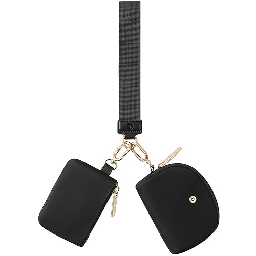 Keychain Wallet Mini Zip Around Wristlet Wallets For Women Detachable Dual Pouch Portable Coin Purse Small With Rfid Blocking (Black & Gold Hardware)