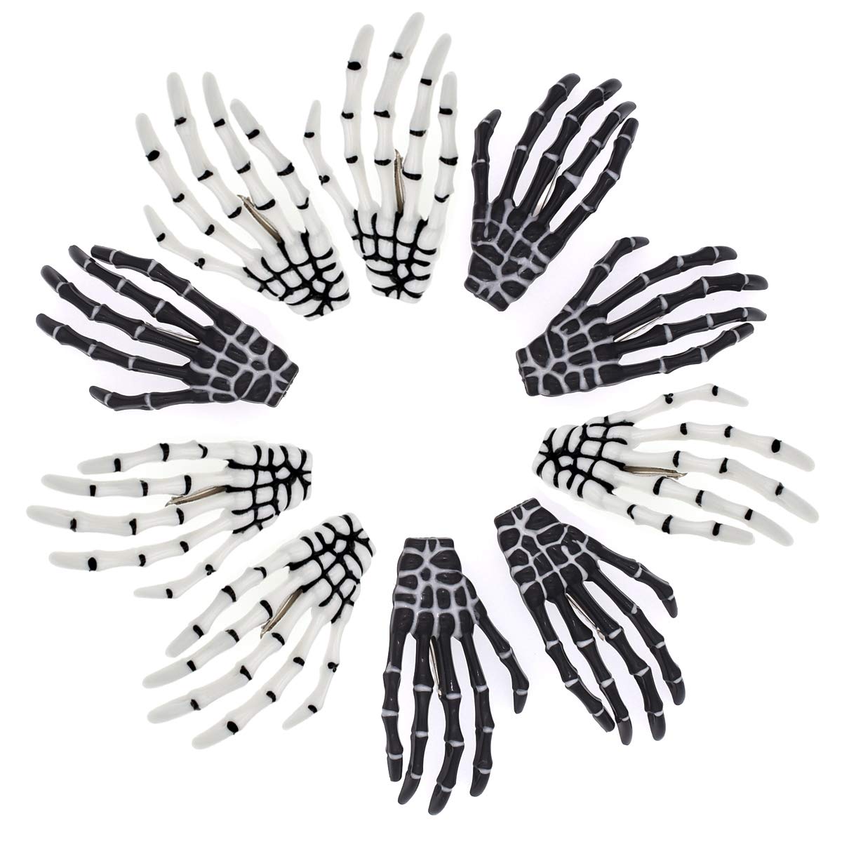 5 Pairs White and Black 3" Skeleton Hands Hair Clips Skull Bone Shape Hairpins Halloween Party Accessories