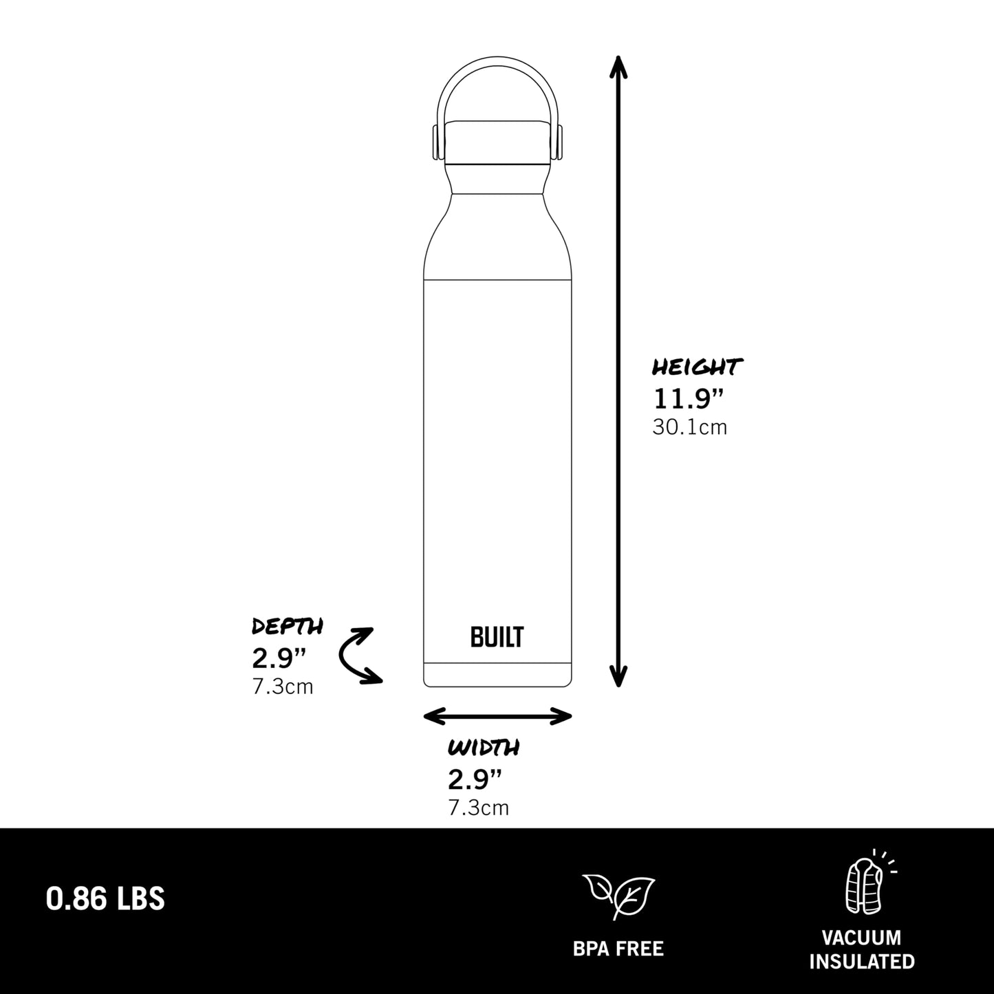 BUILT 24 fl oz Double-Walled Stainless Steel Standard Mouth Cascade Bottle, Threaded Handle Lid Spill-resistant Travel Cup with Rubber Grip Keep