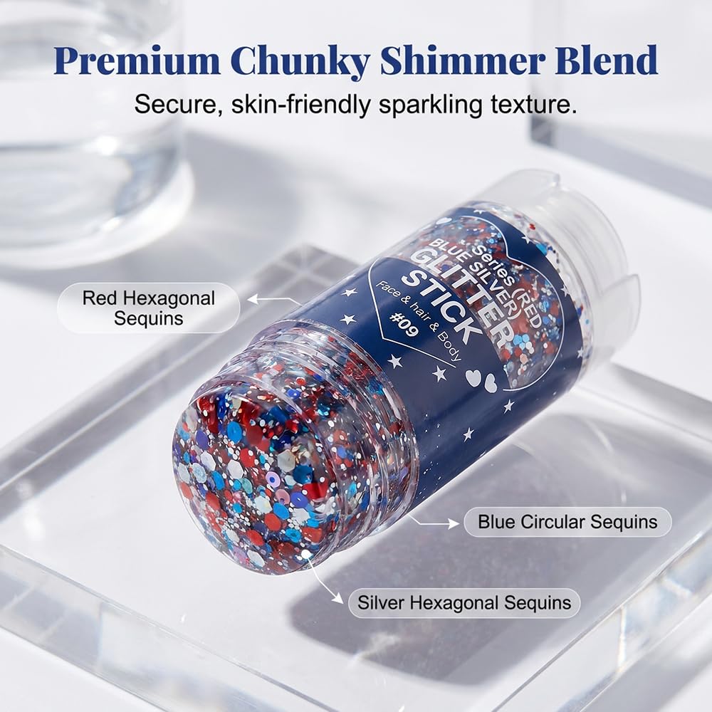 4th of July Glitter Stick, Patriotic Red White and Blue Face Hair Body Glitter Stick, 4th of July Outfits for Women Men, Sparkling Glitter Makeup