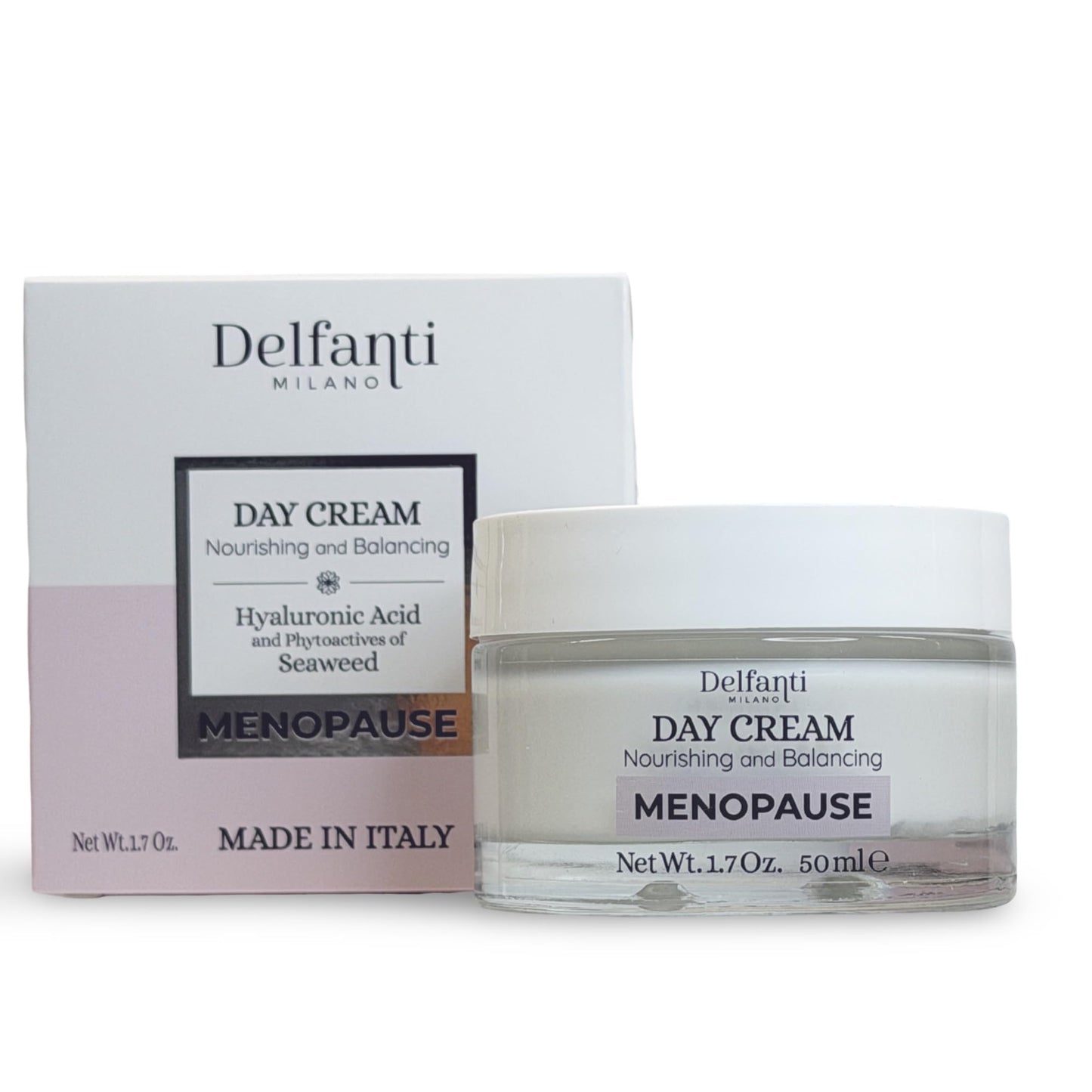 Delfanti-Milano • MENOPAUSE • Day Cream • Nourishing and Balancing • Face & Neck Moisturizer with Hyaluronic Acid & Phyoactives of Seaweed • Made in