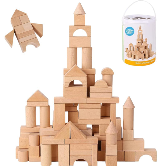 Pidoko Kids Wooden Blocks 100pcs – Natural Beech Wood Building Set with Storage & Shape Sorter Lid, Preschool Learning Toys
