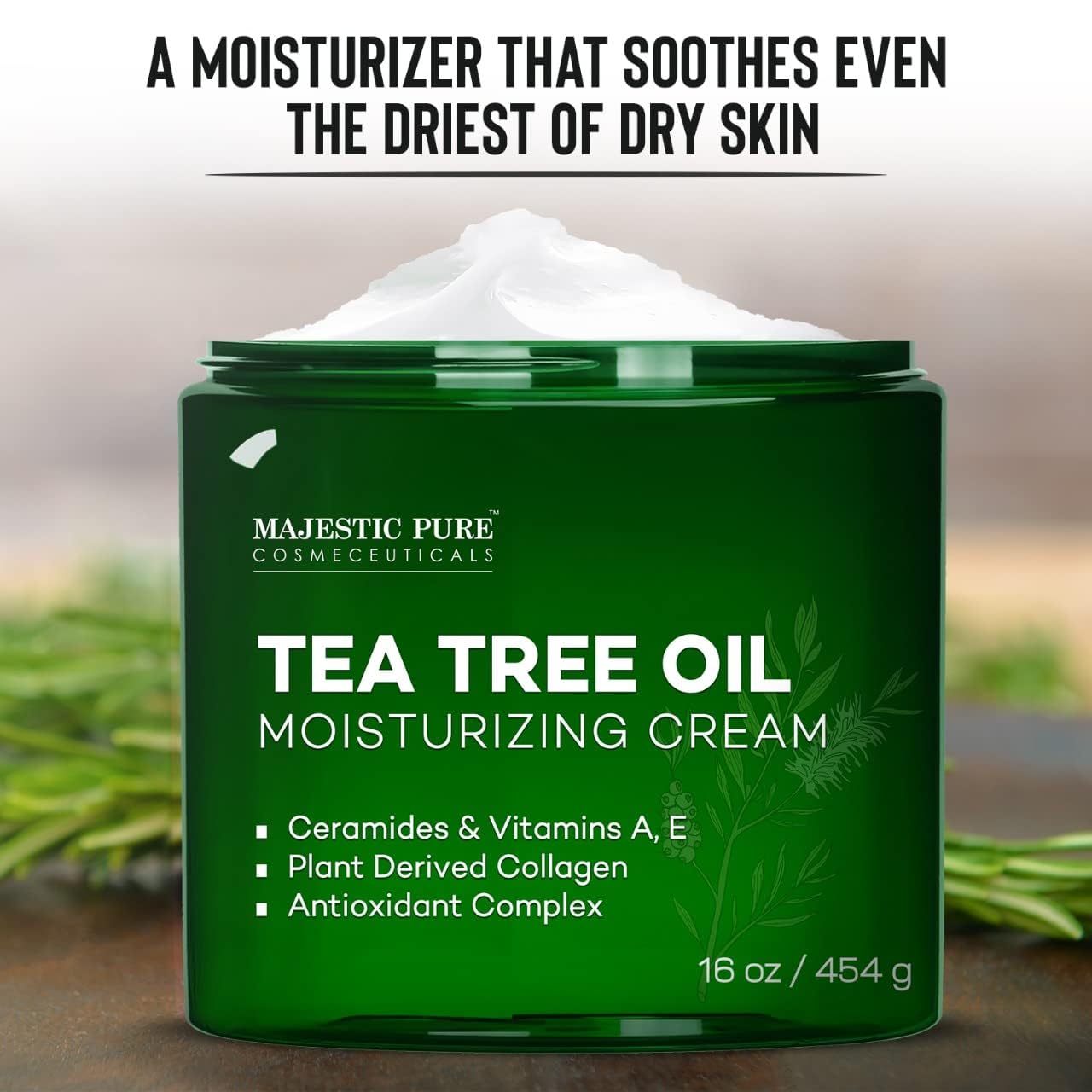 Majestic Pure Tea Tree Oil Moisturizing Cream - Body, Foot & Face Moisturizer - With Ceramides, Vitamins A E & Vegan Collagen - For Dry Skin, Oily