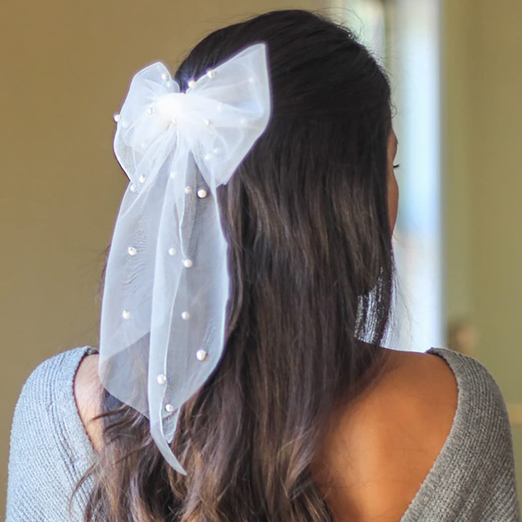 JEAIRTS Bridal Hair Bow Veil Pearl Wedding Hair Piece White Tulle Bow with Clip Bachelorette Party Hair Accessories for Women