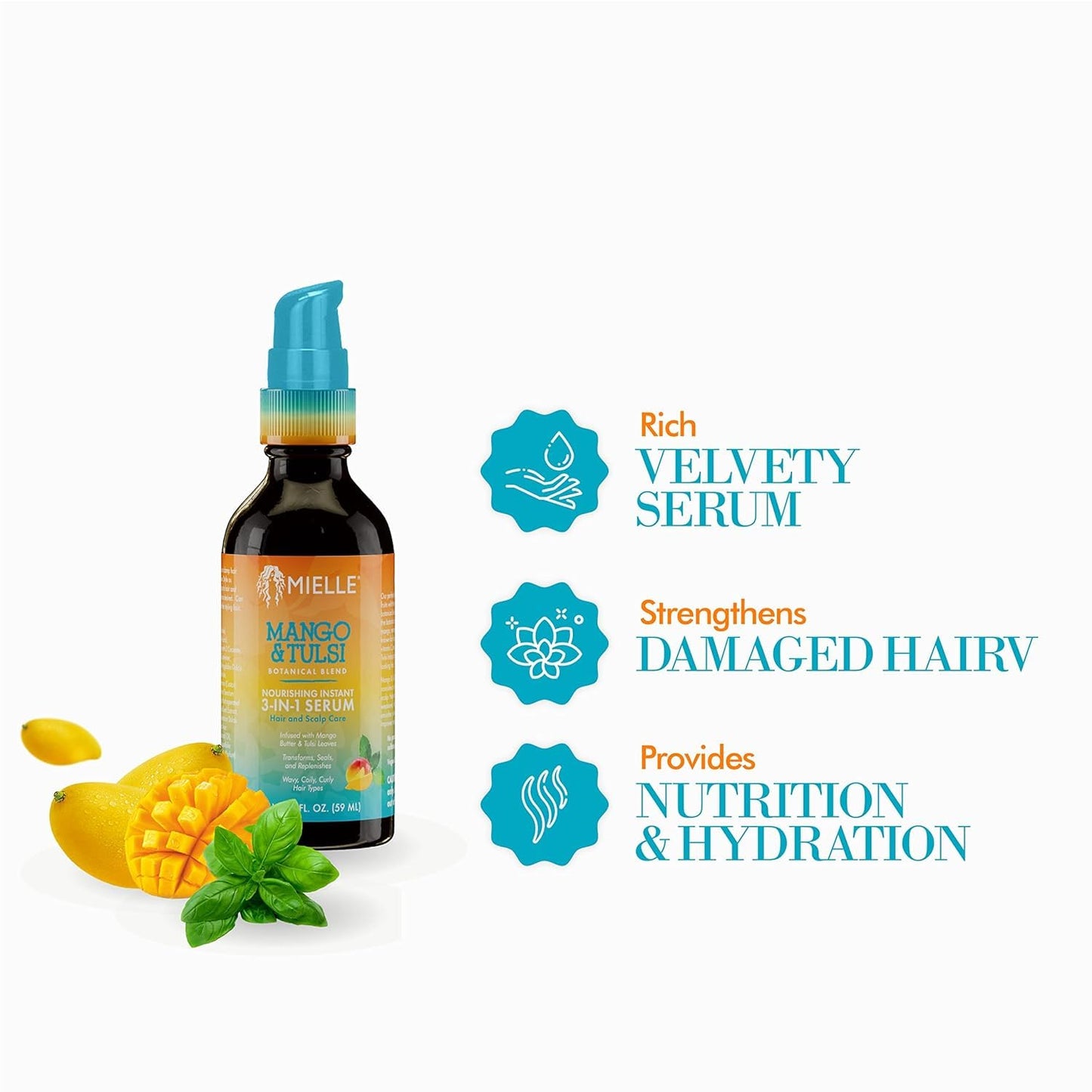 Mielle Organics Mango & Tulsi Nourishing 3-in-1 Hair Serum - Hair & Scalp Serum for Frizz Control, Split Ends & Moisture Balance - Strengthens