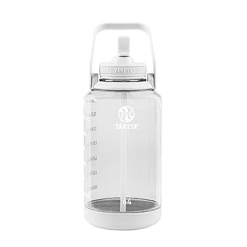 Takeya Tritan 64 oz Motivational Water Bottle with Straw Lid - Durable, BPA-Free - With Time Marker - Leakproof & Non-Slip Bumper - Cloud White
