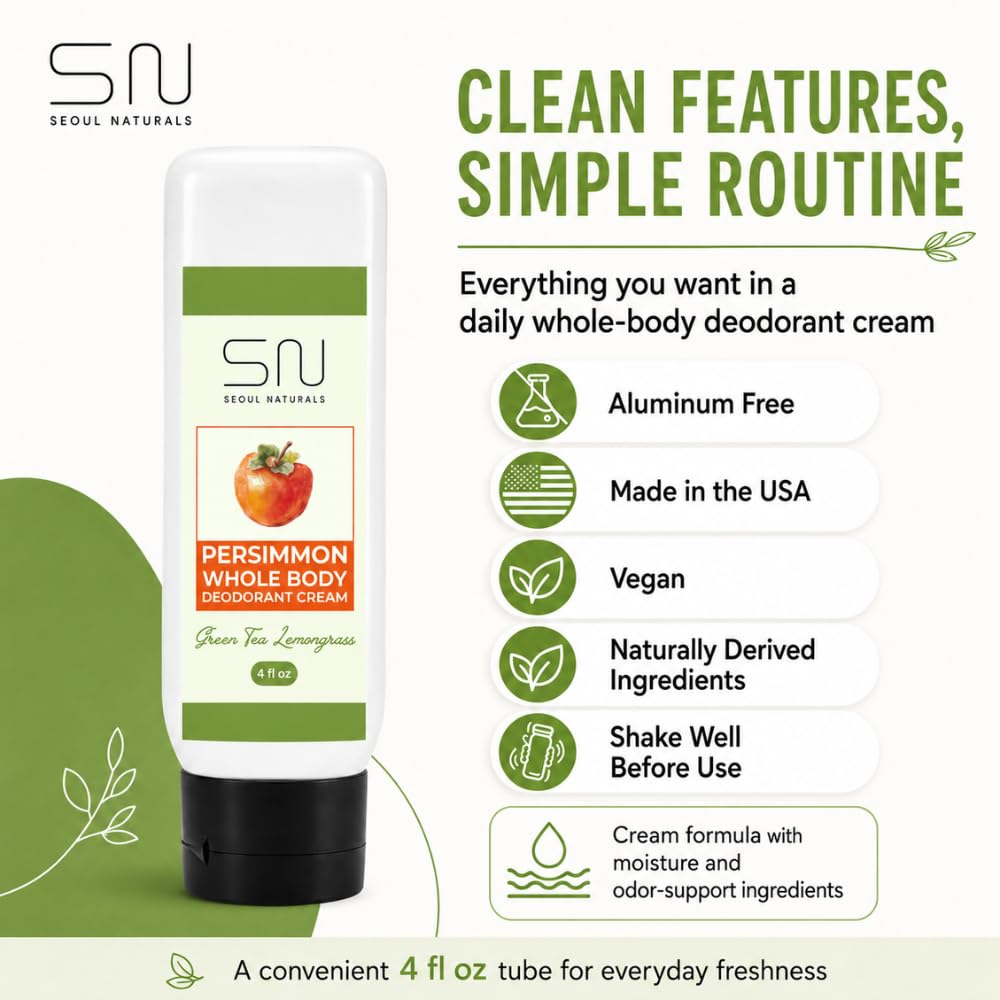 Seoul Naturals Persimmon Whole Body Deodorant Cream 2 Pack, Green Tea Lemongrass Scented, Eliminates Nonenal Odors, k beauty inspired, 8fl oz, 2 x 4fl Beauty and Personal Care Seoul Naturals