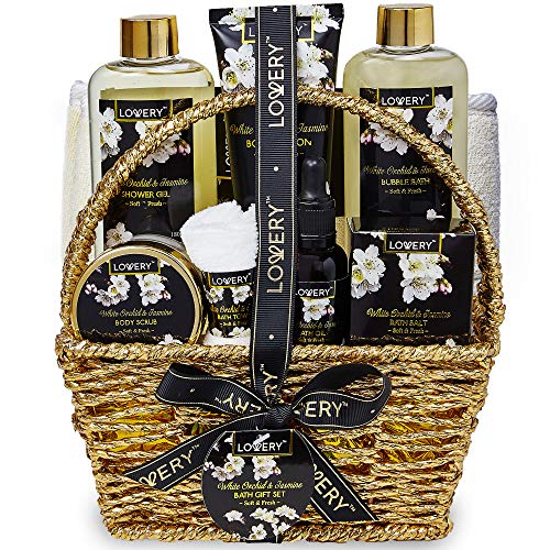 Gift Baskets for women Mom Gifts, Bath and Body Spa Set- Orchid & Jasmine Home Spa Set With Body Scrubs, Lotions, Oils, Gels and More - Care Package