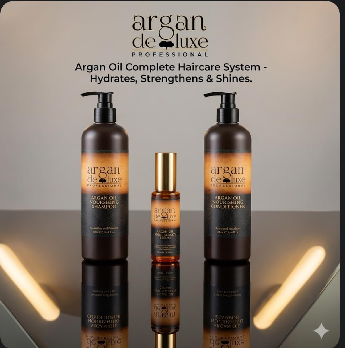 Argan Deluxe Professional Argan Oil Nourishing Hair Care Set for All Hair Types, Shampoo 500ml, Conditioner 500ml, Serum and Body Oil 50ml, 3 Piece