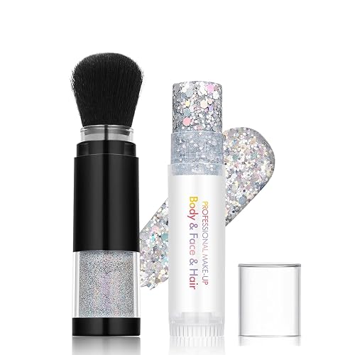 Holographic Mermaid Glitter Makeup Kit: 2-in-1 Body & Face Stick & Loose Powder with Built-in Brush for Festival, Rave, Concert, Carnival | Shimmery
