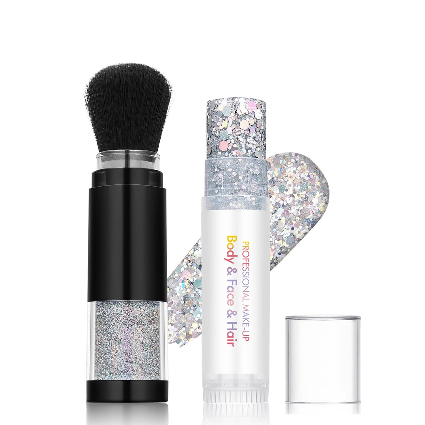 Holographic Mermaid Glitter Makeup Kit: 2-in-1 Body & Face Stick & Loose Powder with Built-in Brush for Festival, Rave, Concert, Carnival | Shimmery