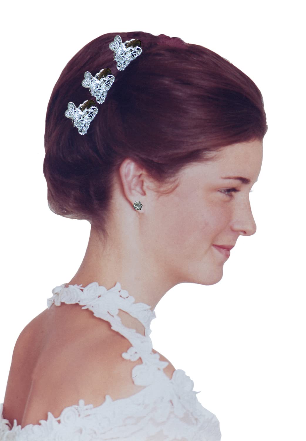 JCGY Set of 6 Mini Hair Claws Silvery White Trim Sparkly White Crystals Bridal Claw Clips 6-1-6