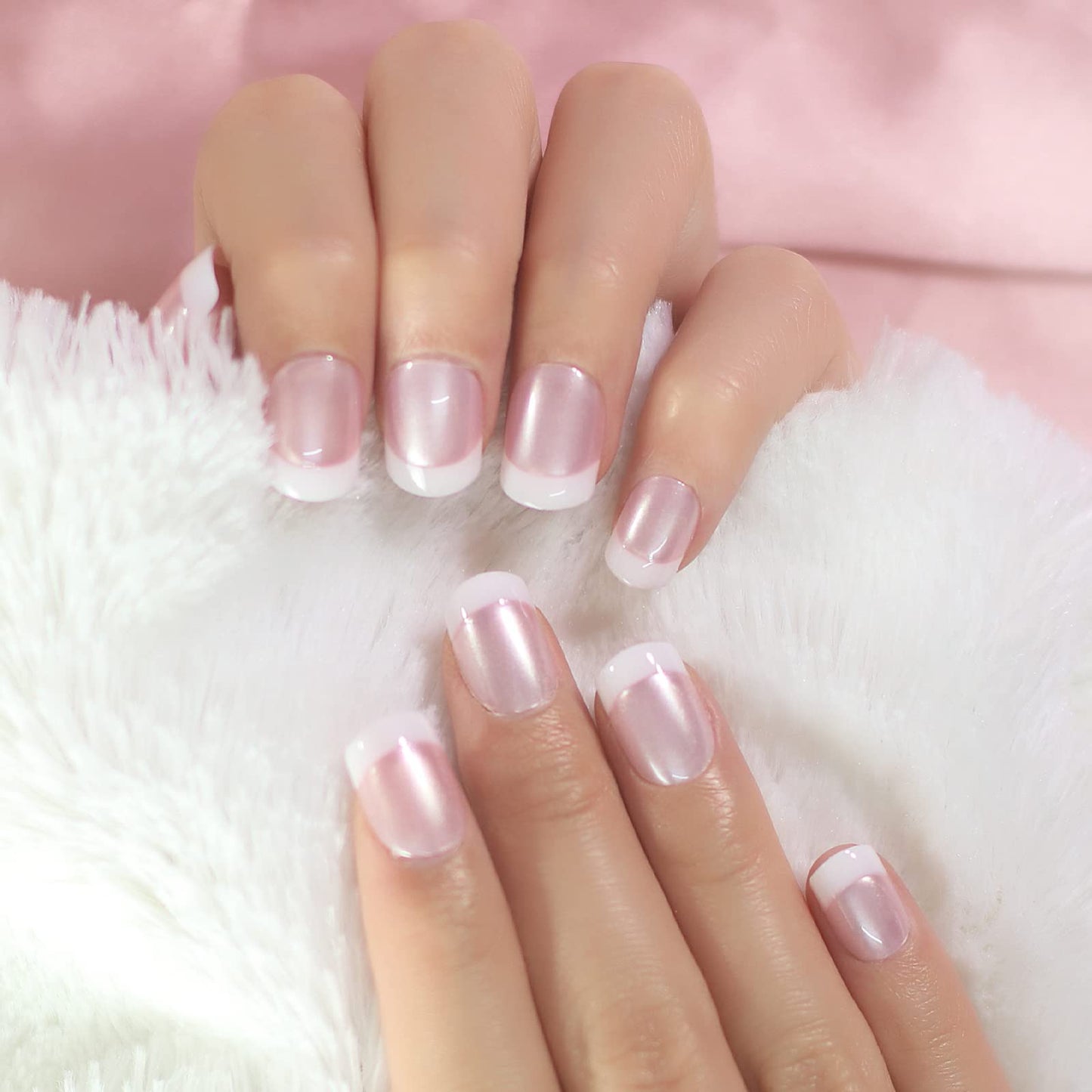 Elevenail Summer Nails Glossy Pearl Pink White French False Nails Short Squoval Press on Nails Fake Salon Manicure Faux Ongles Reusable Nail Art Tips