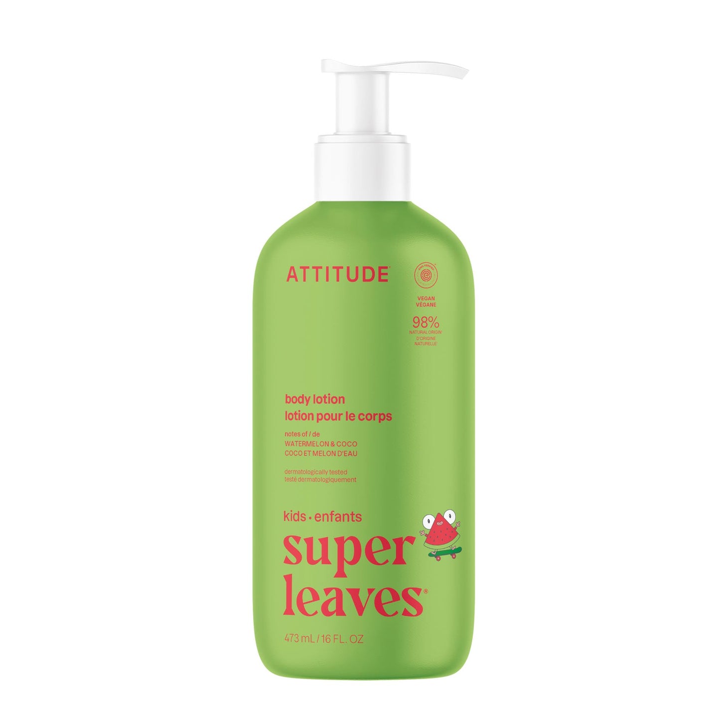 ATTITUDE Body Lotion for Kids, EWG Verifed Moisturizer, Dermatologically Tested, Plant and Mineral Based Cream, Vegan, Watermelon & Coco, 16 Fl Oz