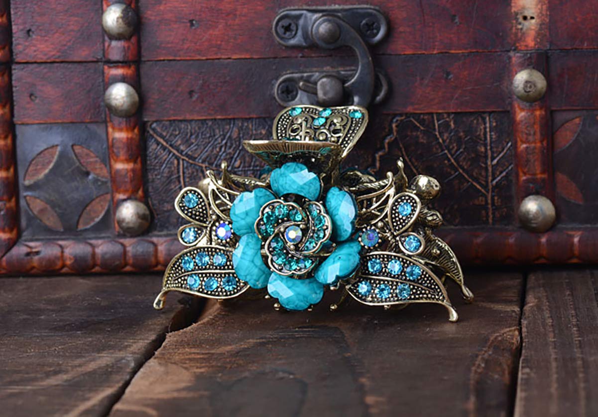 Women Retro Rose Flower Hair Claw Imitation Turquoise Fancy Jaw Clips Pins Fashion Alloy Rhinestone Hair Catch Barrette Hair Updo Grip Hair