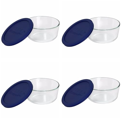 Pyrex Storage 4-Cup Round Dish with Dark Blue Plastic Cover, Clear (Case of 4 Containers)