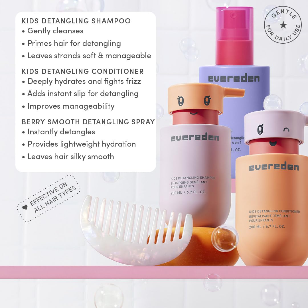 Evereden Kids Shampoo, Conditioner & Detangling Spray Set | Dermatologist-Tested, Plant Protein Peptides & Argan Oil | Gentle, No Silicones, Sulfate