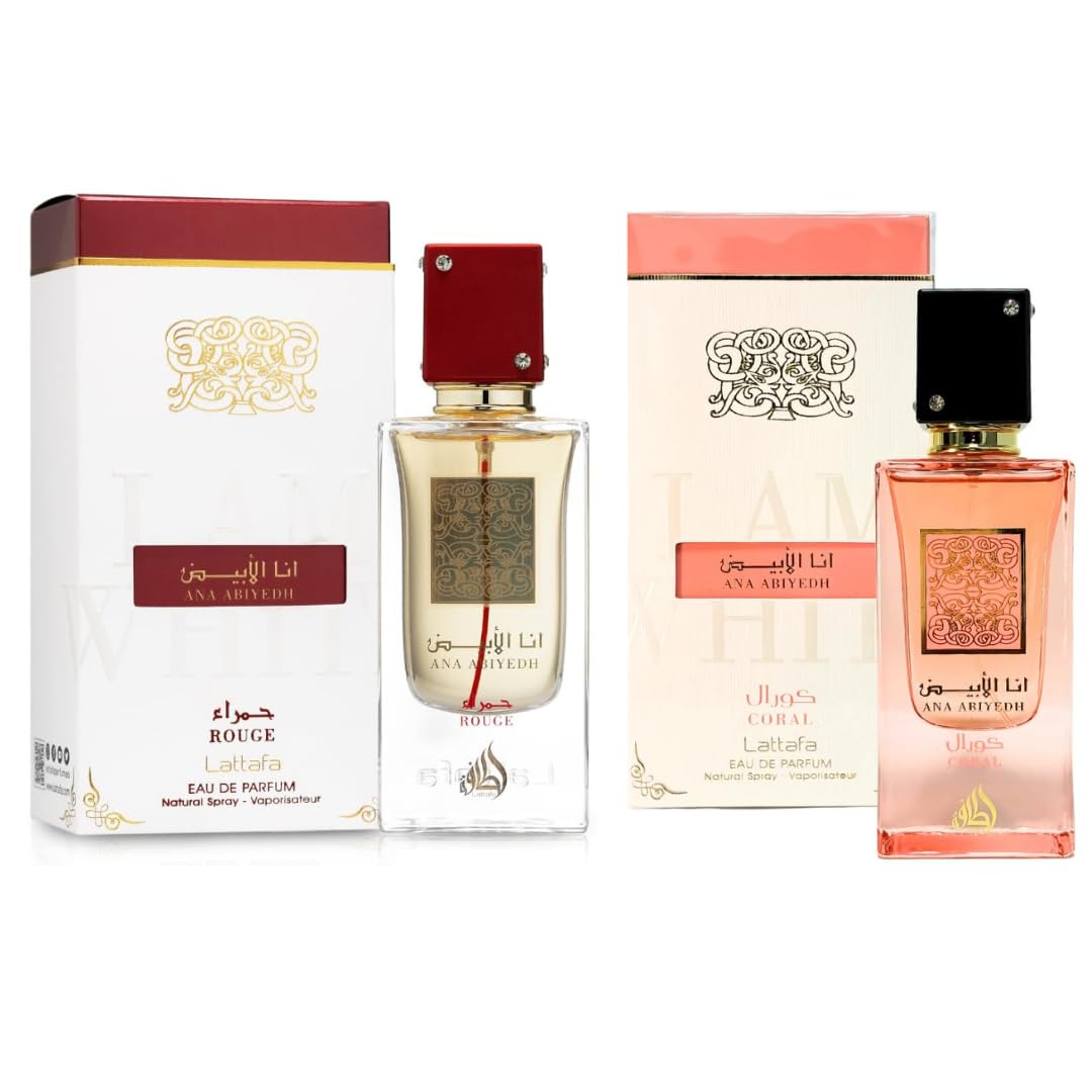 Lattafa Ana Abiyedh Rouge & Coral Eau De Parfum Bundle | 100ml x 2 (3.4 oz Each) | Long-Lasting Unisex Fragrance Set | Authentic Middle Eastern