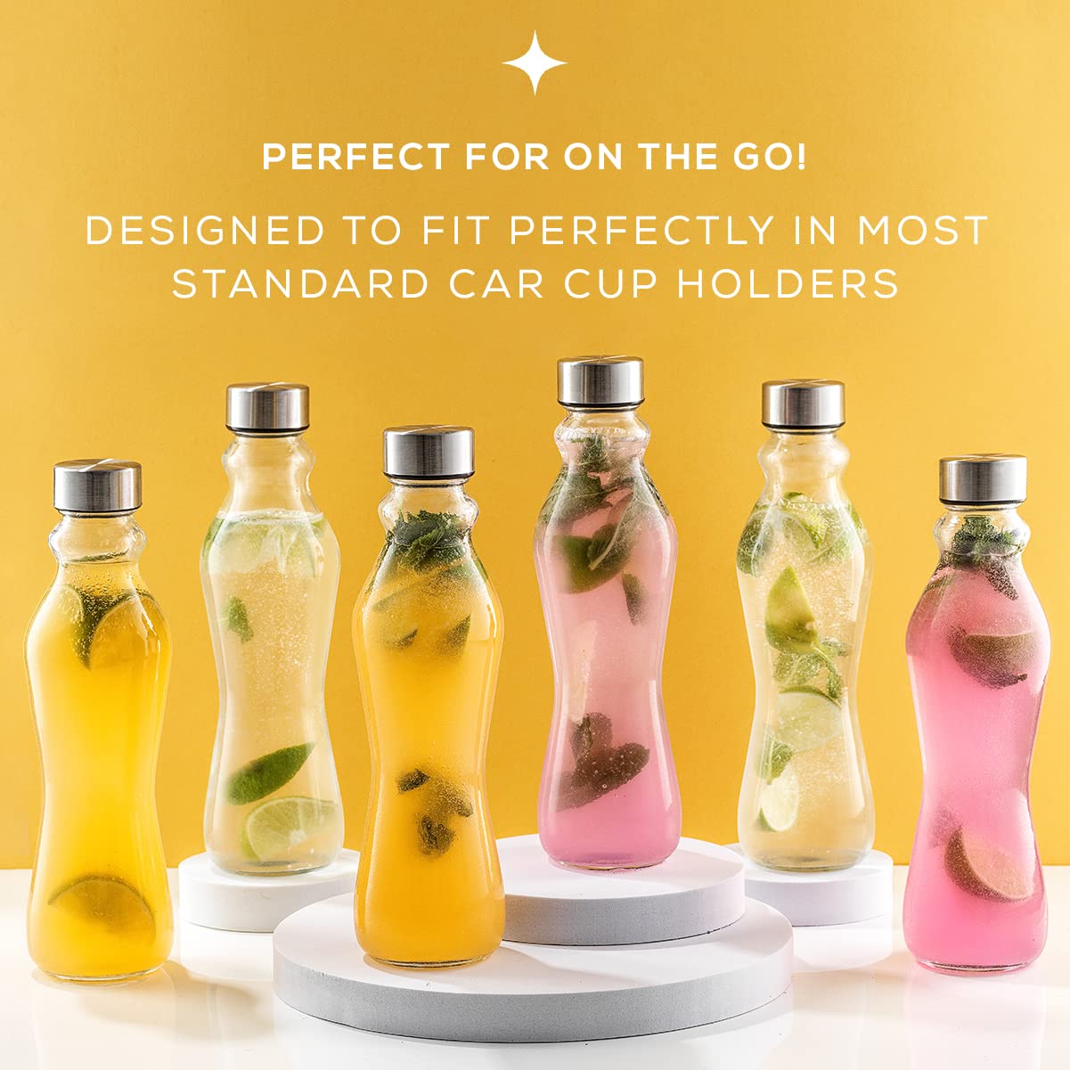 JoyJolt Spring Glass Water Bottles Set of 6-18 oz Glass Bottles with Stainless Steel Caps - Glass Drinking Bottles with Leakproof Lids - Reusable