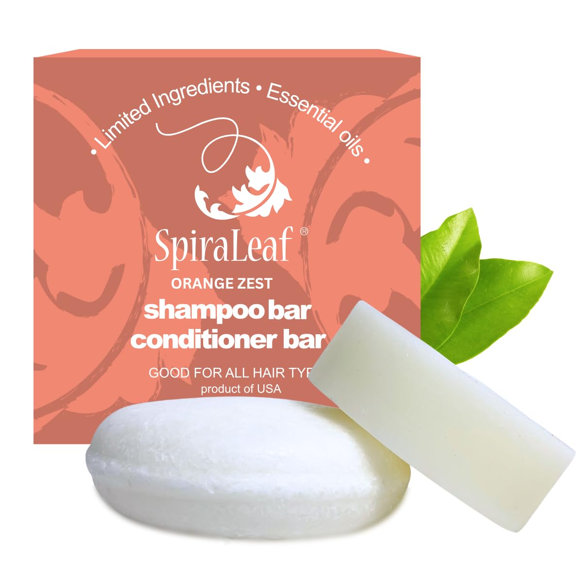 SPIRALEAF Solid Shampoo Bar & Conditioner Bar Set, ORANGE ZEST Limited Ingredients, Concentrated Formula, Fragrance-Free, Dye-Free, Premium Hair Care