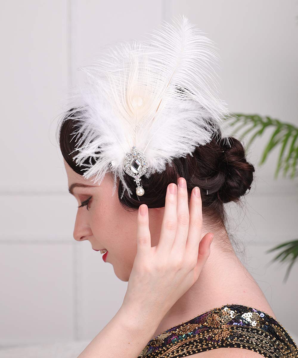 Aimimier 1920s Flapper White Feather Headpiece Crystal Pendant Hair Clip Roaring 20s Feather Accessories Masquerade Hair Jewelry for Women