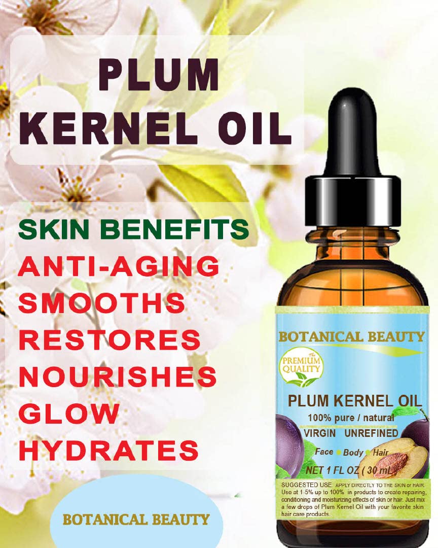 Botanical Beauty French PLUM KERNEL OIL 100% Pure Natural Virgin Unrefined Cold Pressed Carrier Oil 0.5 oz- 15 ml for Face, Skin, Hair, Lips, Nails