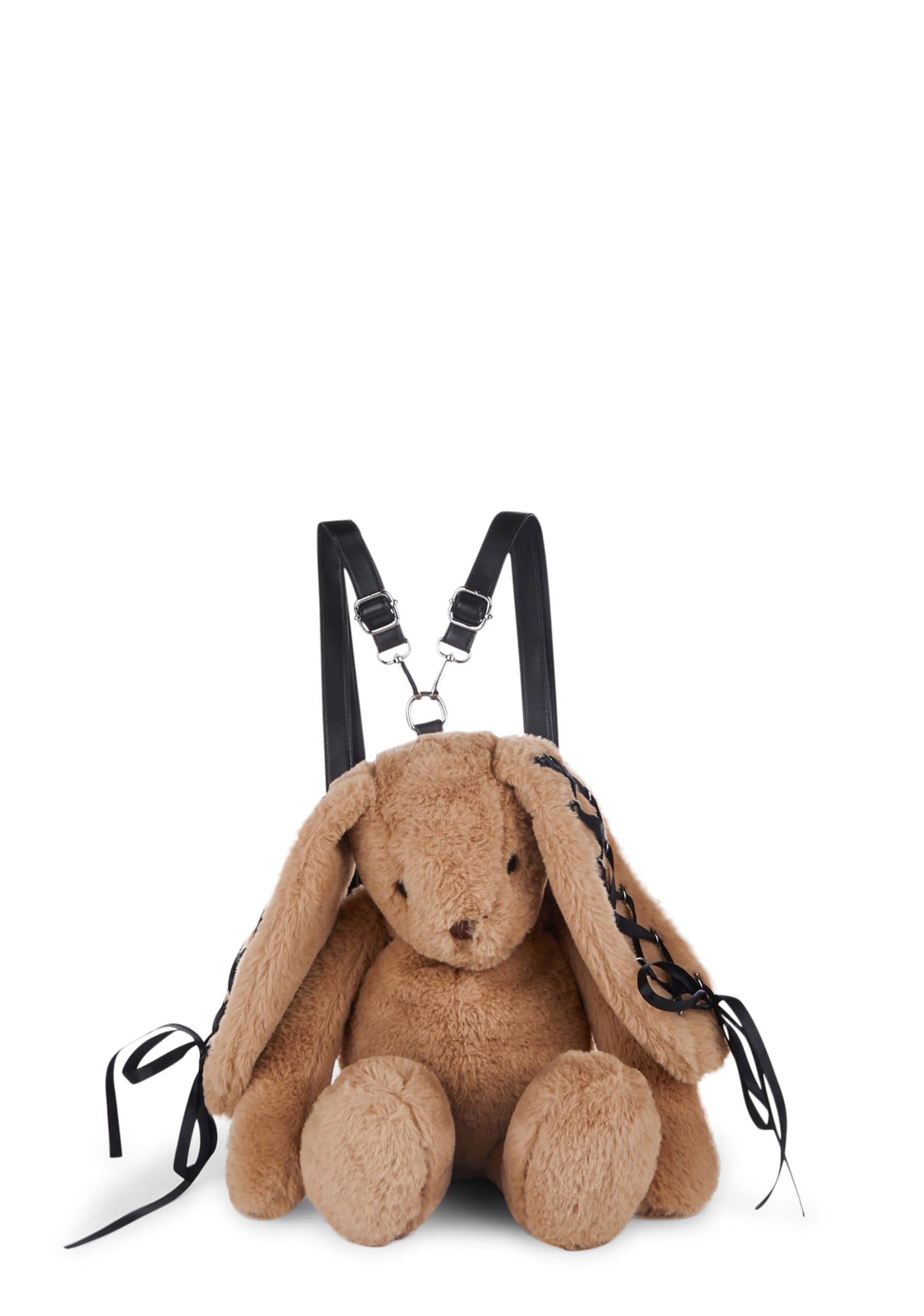Dolls Kill Cuddly Bunny Plush Backpack by Current Mood - Brown, Faux Fur Backpack with Lace-Up Ribbon Ears, One Size