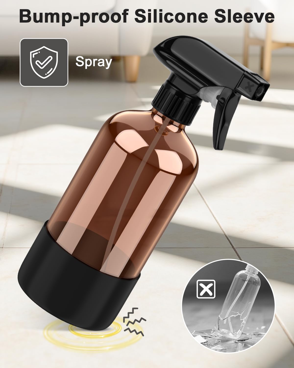 Bontip Amber Glass Spray Bottle with Silicone Sleeve Protection, 16 oz Refillable Spray Bottles for Cleaning Solutions, Plants, Aromatherapy, Facial Beauty and Personal Care Bontip