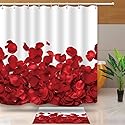 NTETSN Rose Decor Shower Curtain,Romantic Petals Waterproof Polyester Shower Curtains for Bathroom Accessories, 72 x 72 Inch,White,Red