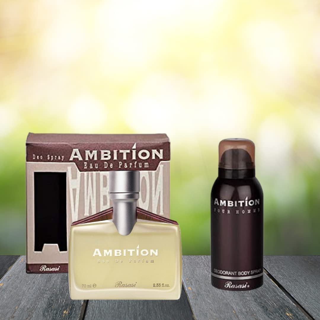 RASASI Ambition Ambition Men EDP & Deo Perfume 70ml + Deodorant 150ml | Bergamot, Floral Spices, Musk and Amber | Iris, Peony, Rose, Cassis, Freesia