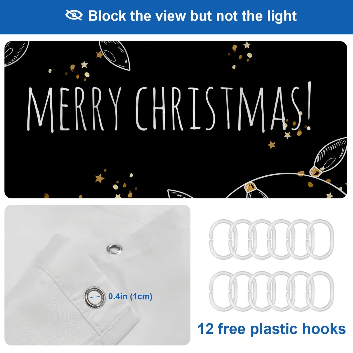 Shrahala Christmas Black Decorative Shower Curtain - Green Gold Stars for Bathroom Decor, Waterproof With Grommets, 72x72 Inch